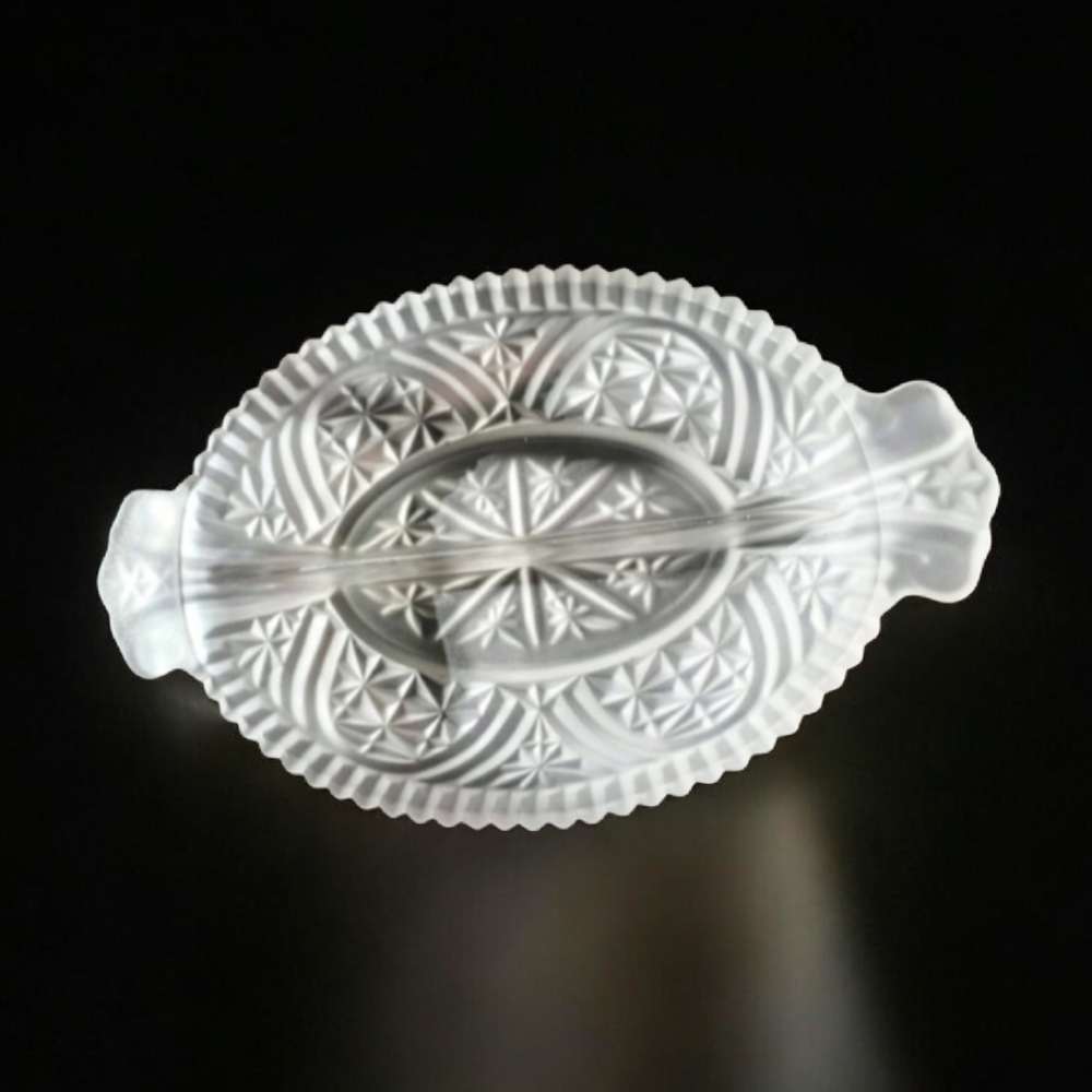 Vintage 1950s Anchor Hocking "Stars & Bars" Frosted Glass Split Serving Dish